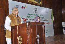 Federal Minister for Human Rights Mian Riaz Hussain Pirzada addressing during seminar on "International Day of Persons With Disabilities" organized by Directorate General of Special Education at National Library of Pakistan