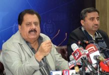Minister for National Food Security and Research Tariq Bashir Cheema addressing a press conference at Press Information Department