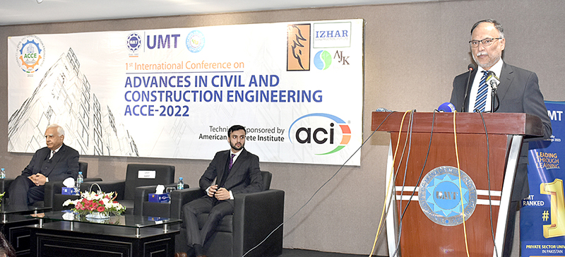 Federal Minister for Planning and Development Prof. Ahsan Iqbal addressing as a chief guest at "Advances in Civil and Construction Engineering Conference" 2022 at a private university