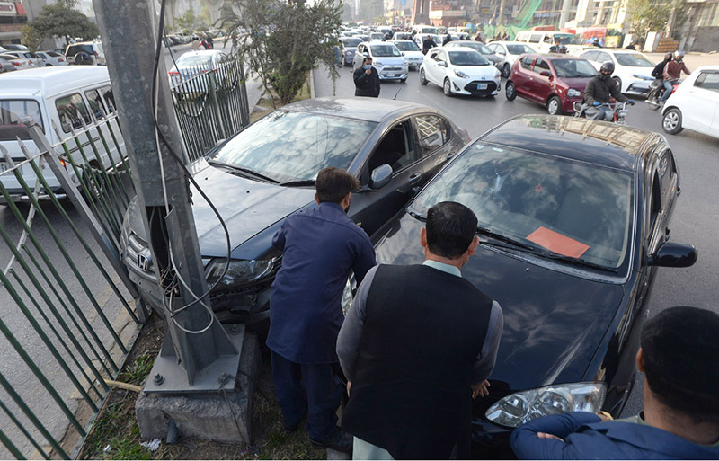 A view of damage cars after accident at Murree Road