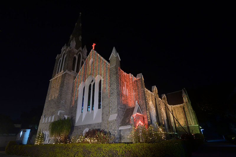 St. Paul's Church is illuminated with colorful lights ahead of Christmas celebrations.