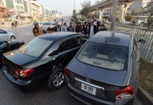 A view of damage cars after accident at Murree Road