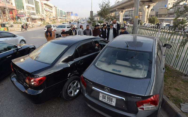 A view of damage cars after accident at Murree Road