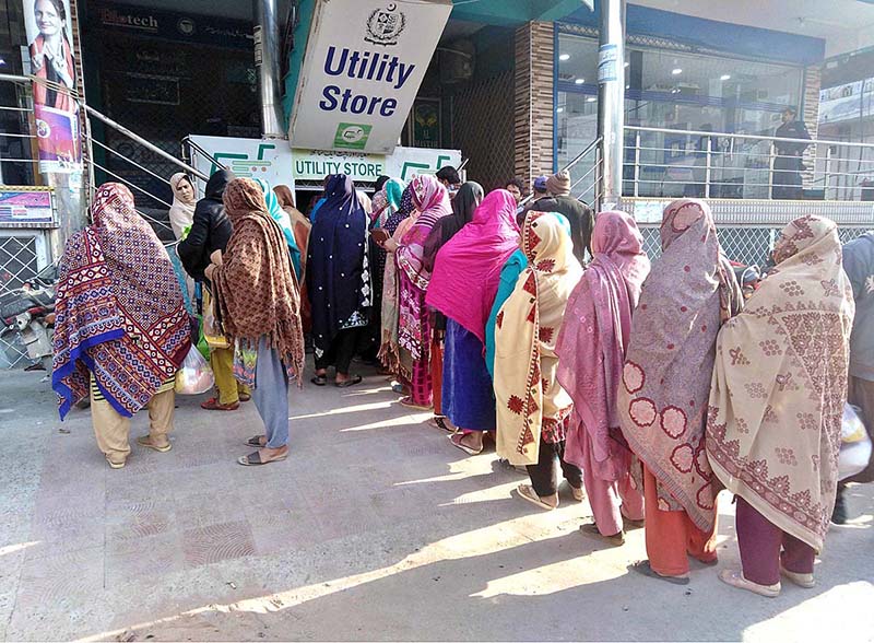 Women are standing in queue outside utility store at Satellite Town for purchasing food items on subsidized rates