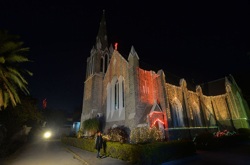 St. Paul's Church is illuminated with colorful lights ahead of Christmas celebrations.