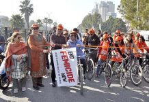 Chairman Capital Development Authority (CDA), Muhammad Usman and Chairperson NCSW, Nilofar Bakhtiar cutting ribbon to launch Cycling Rally to raise awareness and support the campaign against femicide in light of 16 days of activism, an international campaign to end gender-based violence at Jinnah Avenue.