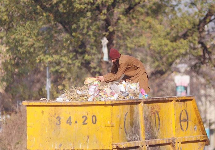 A gypsy man is searching valuables from a large garbage bin