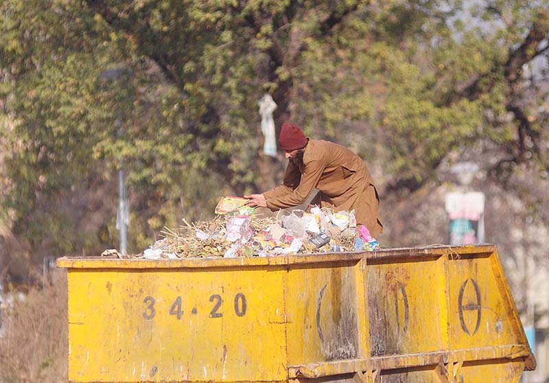 A gypsy man is searching valuables from a large garbage bin