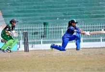 Players in action during cricket match between Lahore Women Cricket Club & Multan Women Cricket Teams during T-20 Super Women Cricket Taakara at Iqbal Stadium