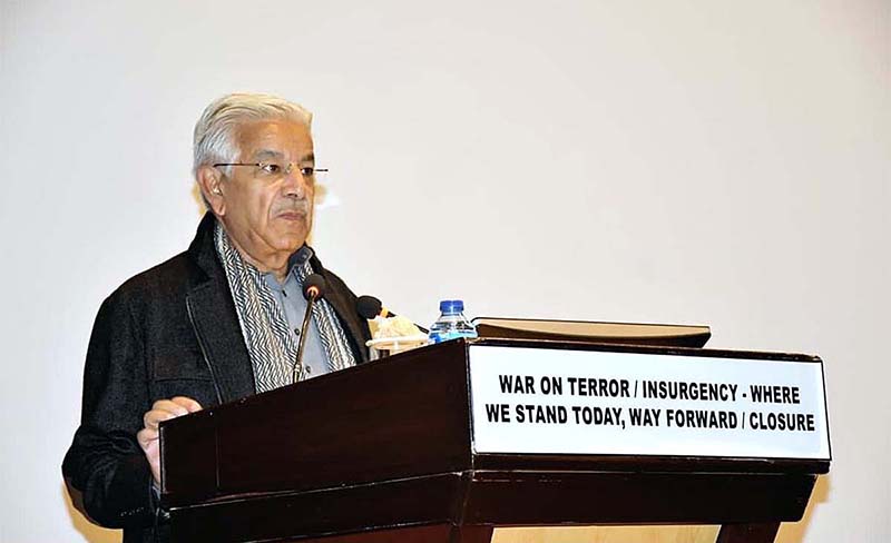 Federal Minister for Defence Khawaja Muhammad Asif while addressing participants of National Workshop Balochistan