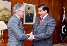 Speaker National Assembly Raja Pervez Ashraf welcomes Australian High Commissioner to Pakistan Neil Hawkins at Parliament House