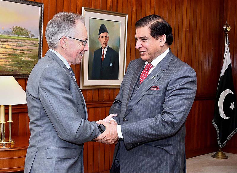 Speaker National Assembly Raja Pervez Ashraf welcomes Australian High Commissioner to Pakistan Neil Hawkins at Parliament House