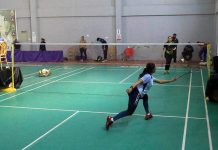 Players of Punjab and WAPDA in action during All Pakistan Ranking Badminton Championship 2022-23 at Hyderabad Club organized by Sindh Sports Board.
