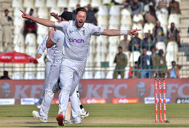 England team players celebrates after won the 2nd test match played between Pakistan and England teams at Multan Cricket Stadium. England won the match by 26 runs
