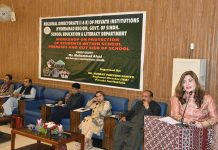 Regional Director Nusrat Parveen Sahito addressing during workshop on Protection Of Students Within School Premises & Outside Of School organized by School Education & Literacy Department at Hyderabad Club.