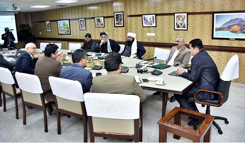 A delegation of Ex-FATA Parliamentarians being briefed on Benazir Income Support Program (BISP), Faisal Karim Kundi Minister of State for Poverty Alleviation is also present in the briefing