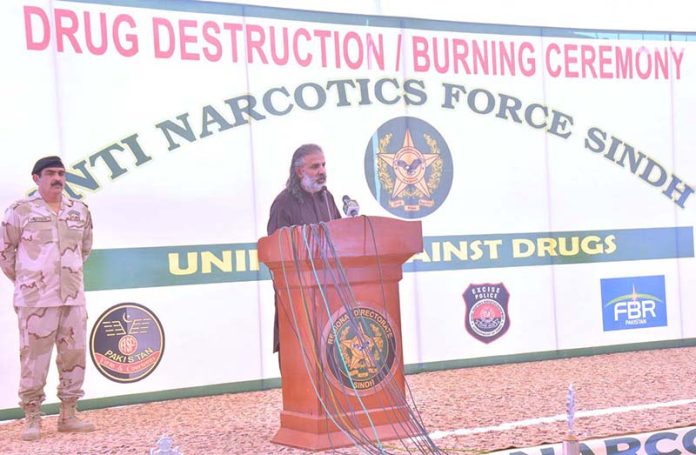 Federal Minister for Narcotics Control Nawabzada Shahzain Bugti addressing drugs burning ceremony organized by ANF Sindh region