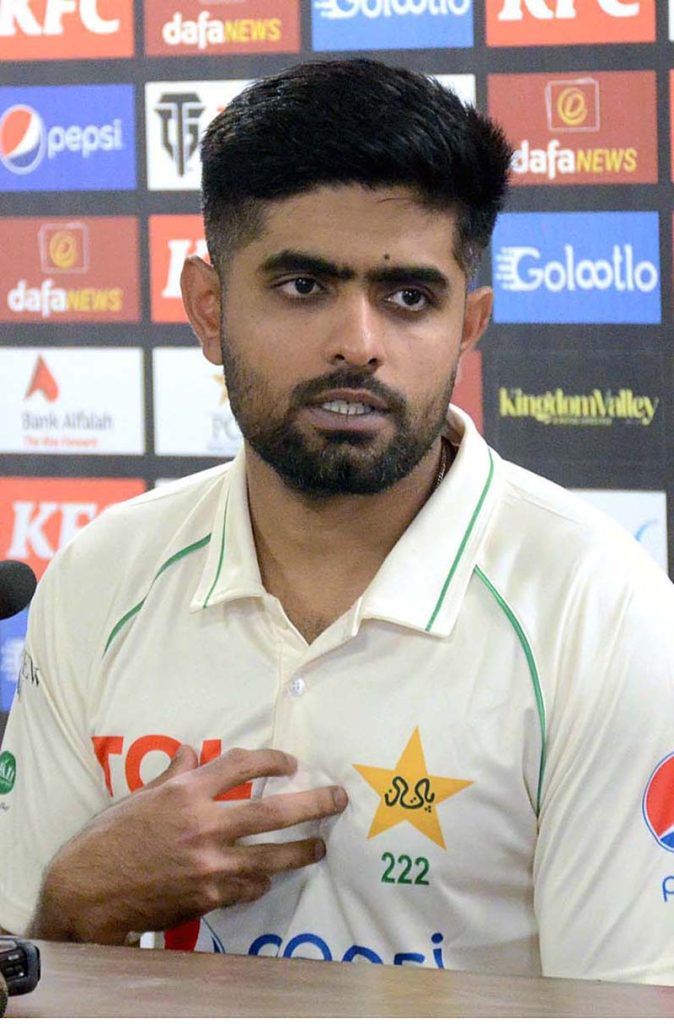Pakistan Cricket Team captain Babar Azam addressing pre-series press conference ahead of the first cricket Test match at the National Stadium.