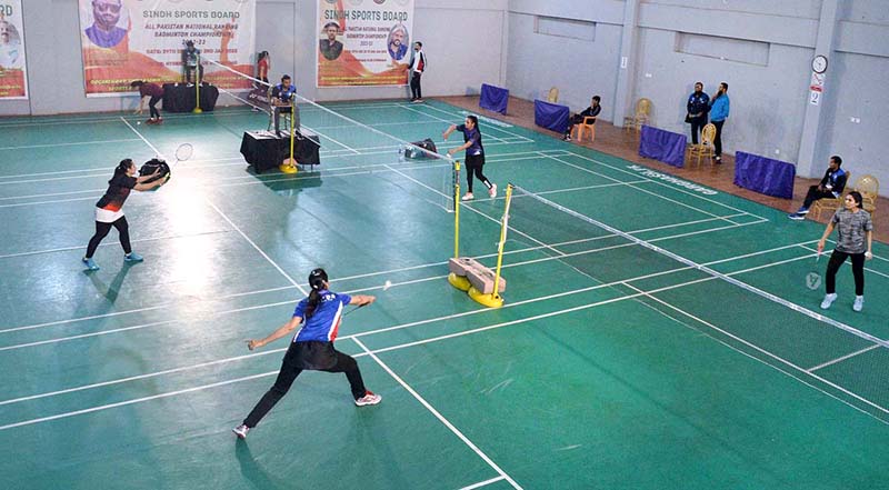 Players in action during All Pakistan Ranking Badminton Championship 2022-23 at Hyderabad Club organized by Sindh Sports Board