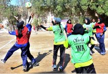 A view of netball final match between PNF Academy and Shah Latif Girls College during Hyderabad Girl’s Netball Cup 2022 at Shah Latif Girl’s College