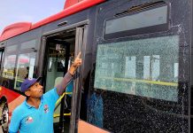 Driver is describing the damage to the bus as unknown persons opened fire on the People's Bus Service at overhead bridge, no casualty happen in the incident