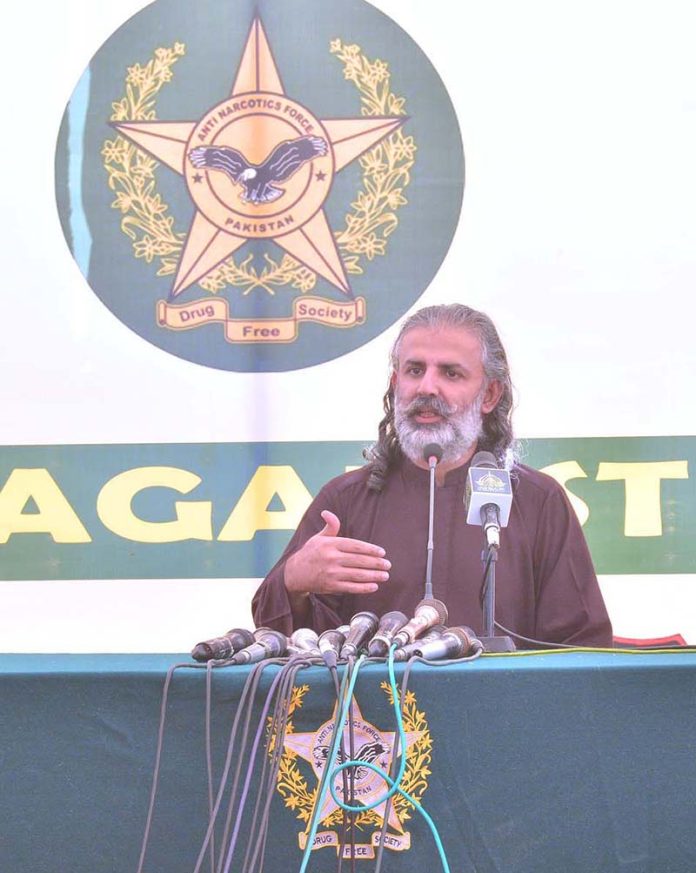 Federal Minister for Narcotics Control Nawabzada Shahzain Bugti talking to media persons after drugs burning ceremony organized by ANF Sindh region