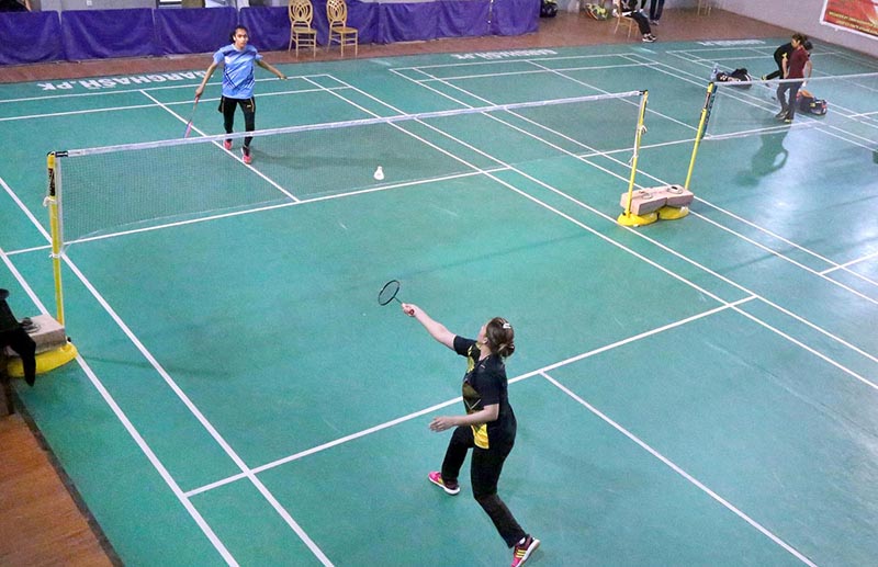 Players in action during All Pakistan Ranking Badminton Championship 2022-23 at Hyderabad Club organized by Sindh Sports Board