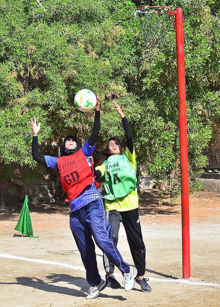 A view of netball final match between PNF Academy and Shah Latif Girls College during Hyderabad Girl’s Netball Cup 2022 at Shah Latif Girl’s College