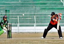 Players in action during final cricket match between Lahore Women Cricket Club & Faisalabad City Women Cricket teams during T-20 Super Women Cricket Taakara at Iqbal Stadium