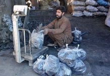 A shopkeeper weighing coal to sell it to consumers as demand increased due to low pressure and shortage of gas during winter season