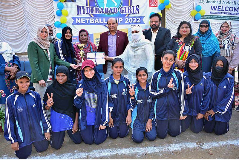 A view of netball final match between PNF Academy and Shah Latif Girls College during Hyderabad Girl’s Netball Cup 2022 at Shah Latif Girl’s College