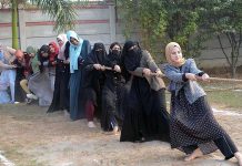 Students are participating in tug of war competition during Annual Sports Gala of Khubaib Foundation School and College.