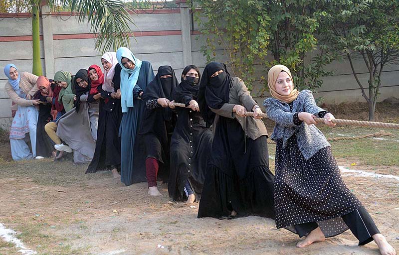 Students are participating in tug of war competition during Annual Sports Gala of Khubaib Foundation School and College.