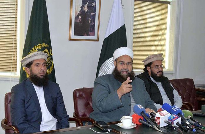 Special Assistant to the Prime Minister on Religious Harmony Maulana Tahir Ashrafi addressing a press conference at his office
