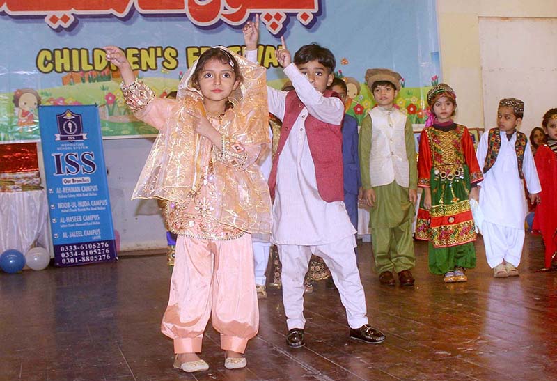 Students performing tableau during children festival organized by ISS at arts council