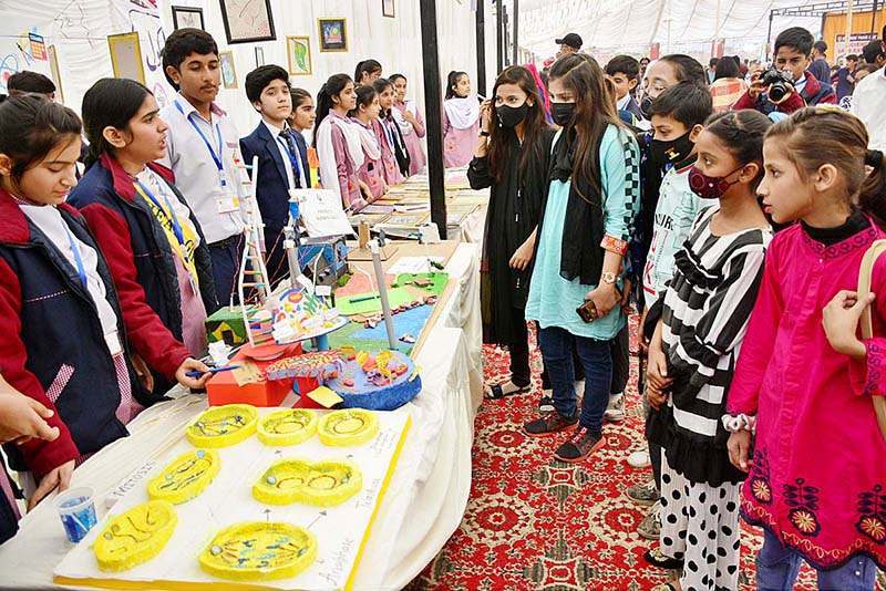 Student visitors are viewing the models made by students during All Sindh Private Schools Science & Art exhibition at Public School