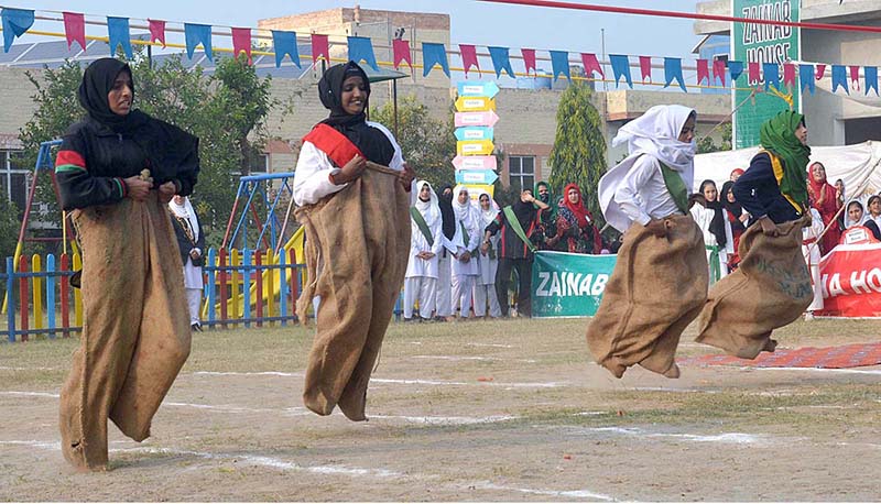 Students are participating in tug of war competition during Annual Sports Gala of Khubaib Foundation School and College.