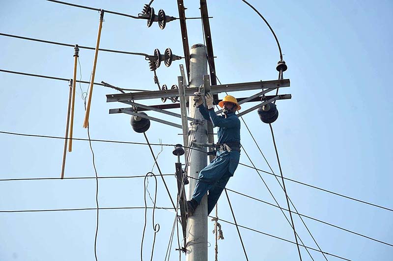 FESCO worker removing faults from electricity line on an electric pole