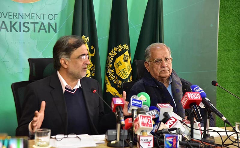 Advisor to the Prime Minister on Kashmir Affairs and Gilgit Baltistan Qamar Zaman Kaira and Federal Minister for Human Rights Mian Riaz Hussain Pirzada addressing a press conference.