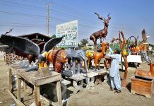 A vendor displaying animals models to attract the customer at Eidgah Road