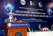 Former Chief of the Naval Staff Admiral (Retd) Muhammad Zakaullah NI (M) addressing to the International Maritime Symposium 2022 at Bahria University