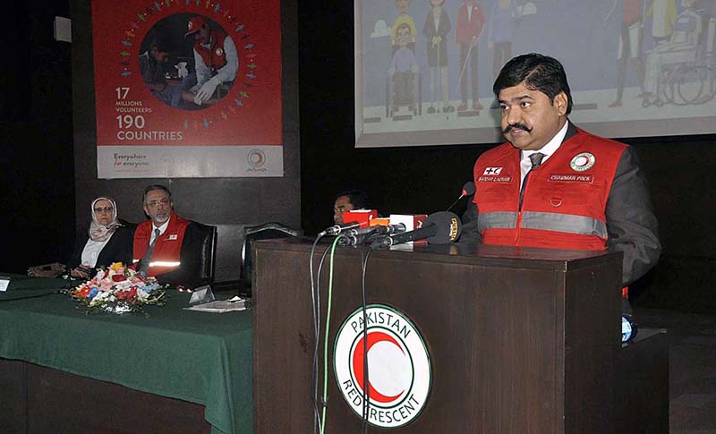 Chairman Pakistan Red Crescent Society Sardar Shahid Ahmed Laghari addressing during the "International Day of Persons with Disabilities 2022" at PRCS HQ.