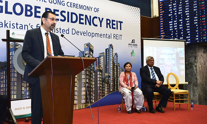 PSX CEO Farrukh Khan addressing Gong Ceremony of Listing of GRR REIT at Pakistan Stock Exchange (PSX)