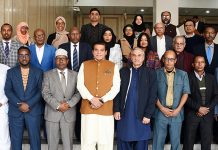 Speaker National Assembly Raja Pervez Ashraf in a group photo with Somalian delegation led by Minister of Interior Federal Affairs and Reconciliation Mr. Ahmed Moalim Fiji Ahmed at Parliament House