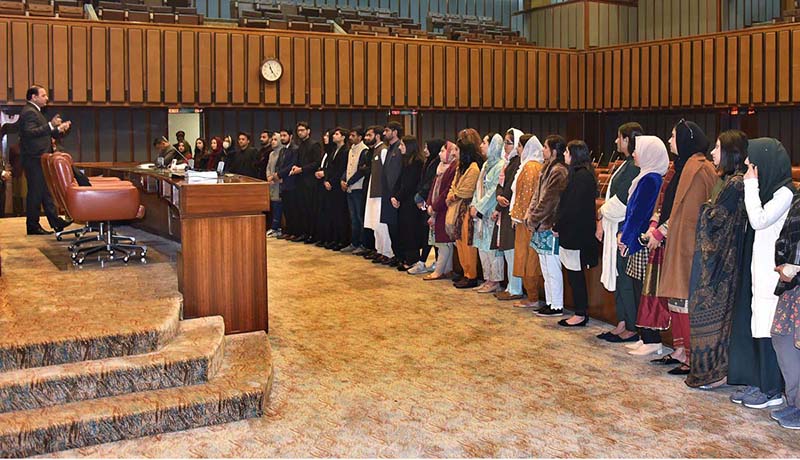 Students from National Defence University (NDU) are being briefed by Tariq Bin Waheed, Director General (Protocol) during their visit at Parliament House