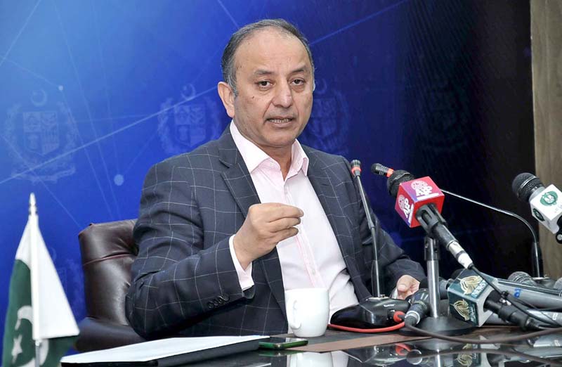 Minister of State for Petroleum Dr Musadik Malik addressing press conference.