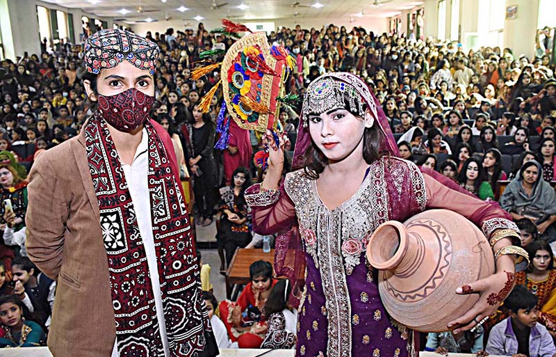 Student performing during cultural program to mark the Sindhi Ajrak Topi Culture Day at Government Girls Higher Secondary School