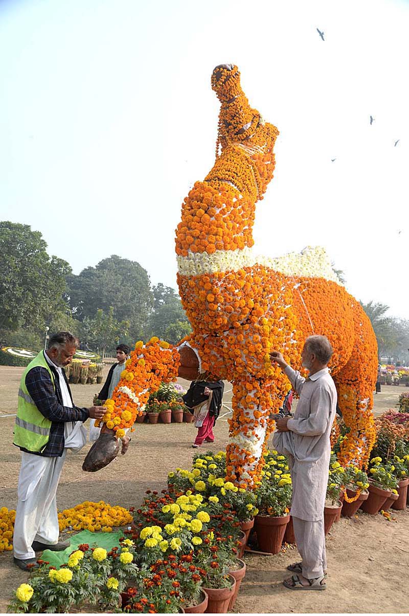 A model of a camel being decorated with fresh flowers during the Flower Show at Race Course Jilani Park