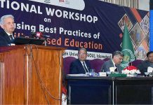 Federal Minister for Education, Professional Training Rana Tanveer Hussain addressing during the inauguration ceremony of Live Skills Based Education Workshop at Allam Iqbal Open University
