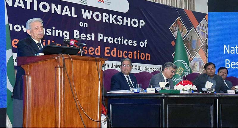 Federal Minister for Education, Professional Training Rana Tanveer Hussain addressing during the inauguration ceremony of Live Skills Based Education Workshop at Allam Iqbal Open University